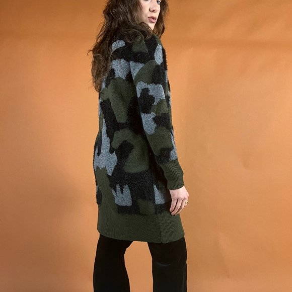 Fuzzy Camo Printed Open Long Cardigan Sweater - Grunge, 90s, 00s - Size XS - Picture 4 of 13